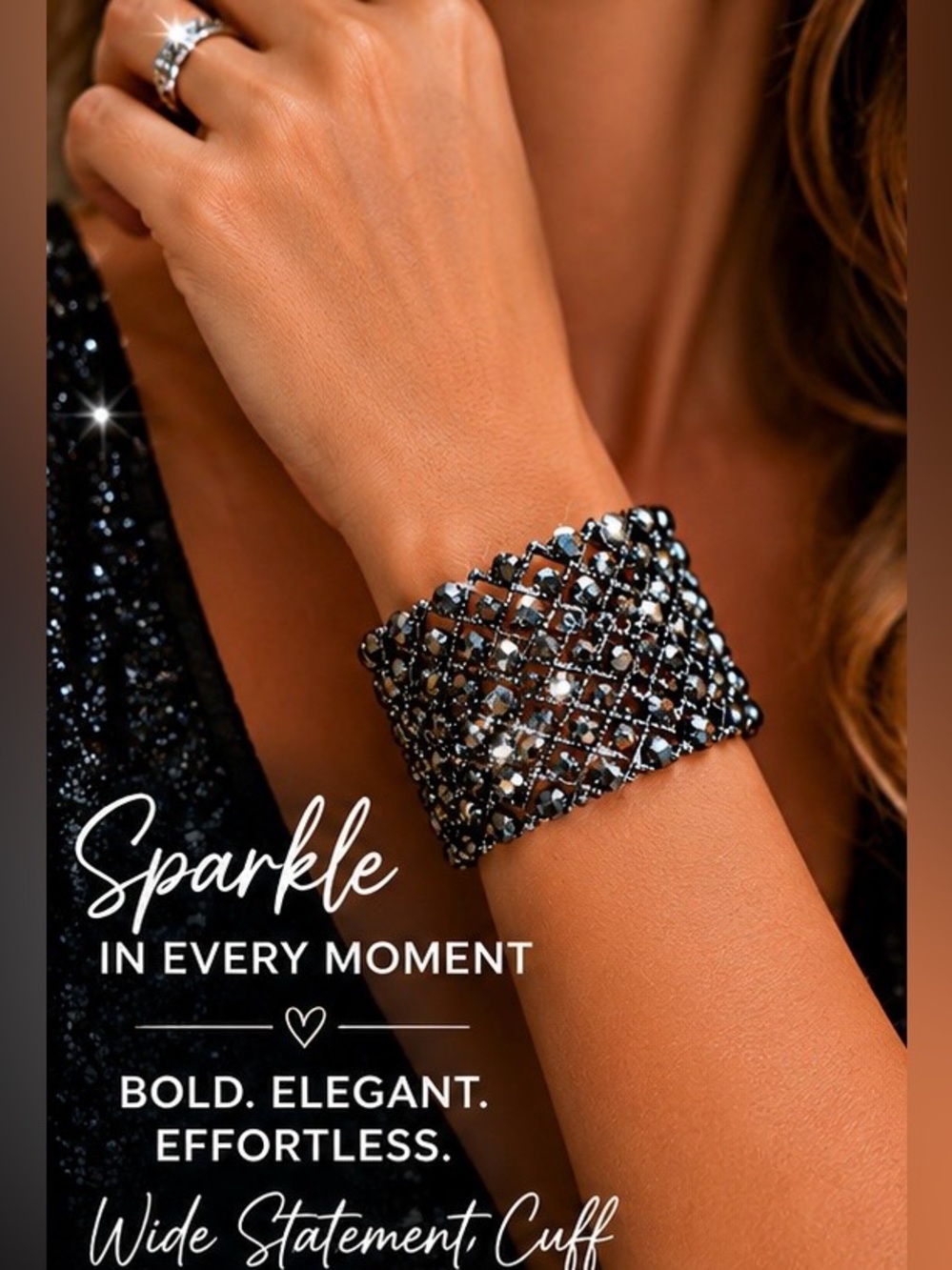 Silver Crystal Stretch Bracelet Rhinestone Wide Statement Cuff